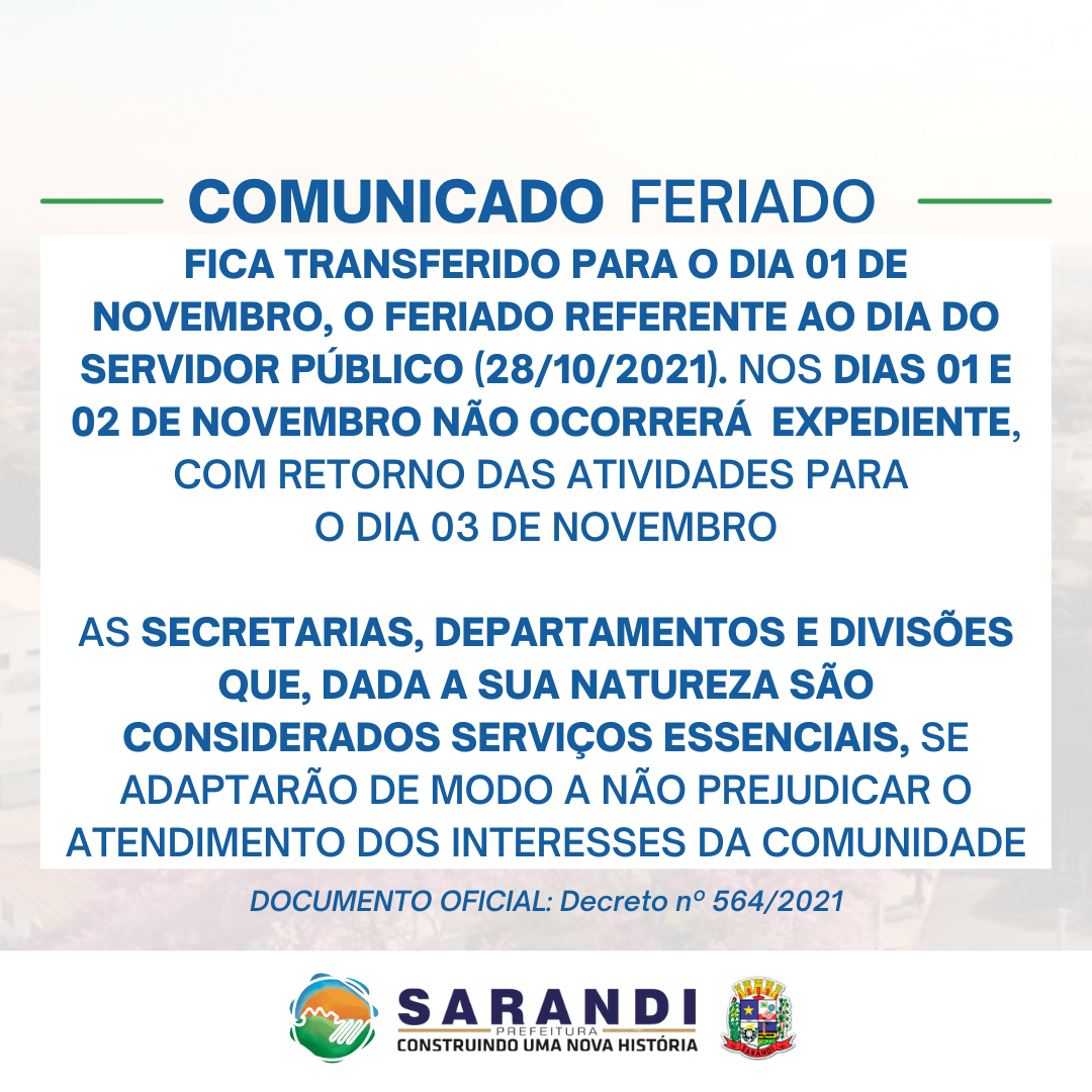 Comunicado sobre os feriado do Servidor Público e Finados